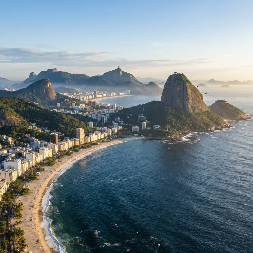 Aerial view of Rio de Janeiro coast and Sugarloaf Mountain